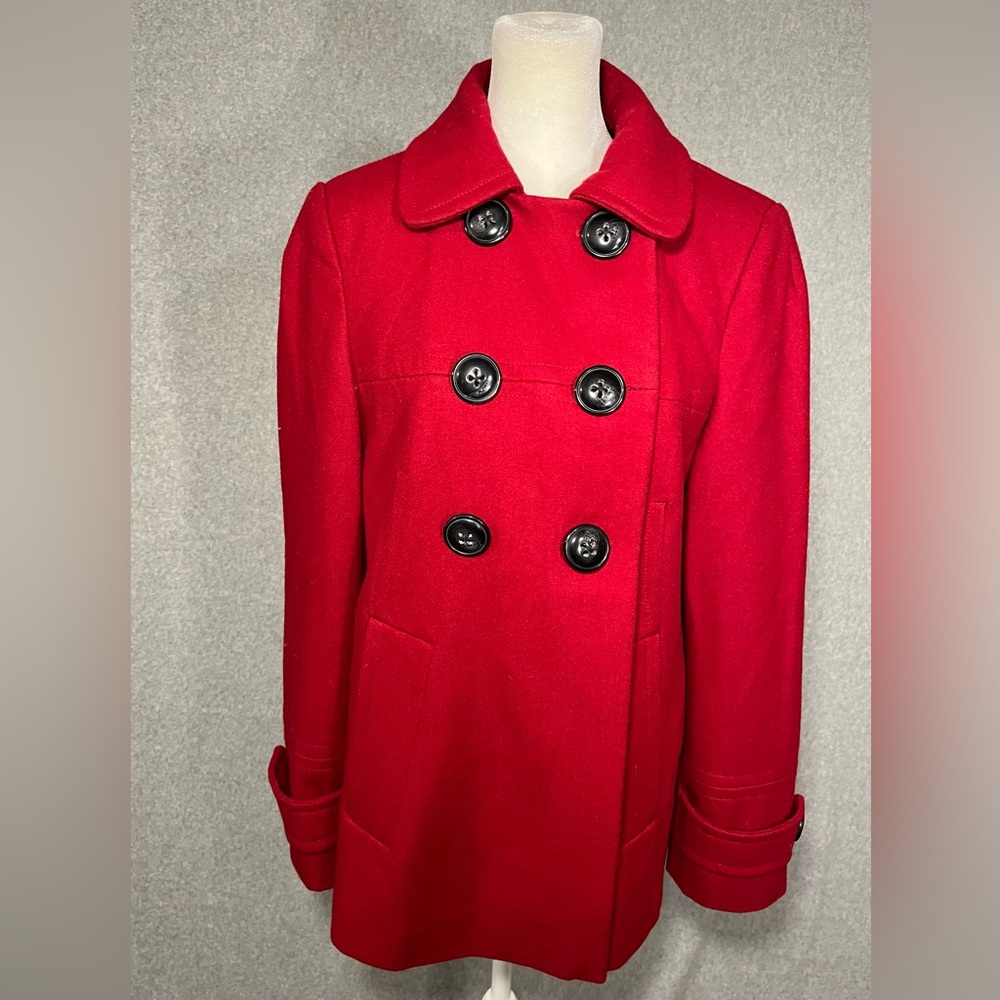 Anne Klein Wool Blend Pea Coat Sz Medium Red Double‎ Breasted VTG big buttons